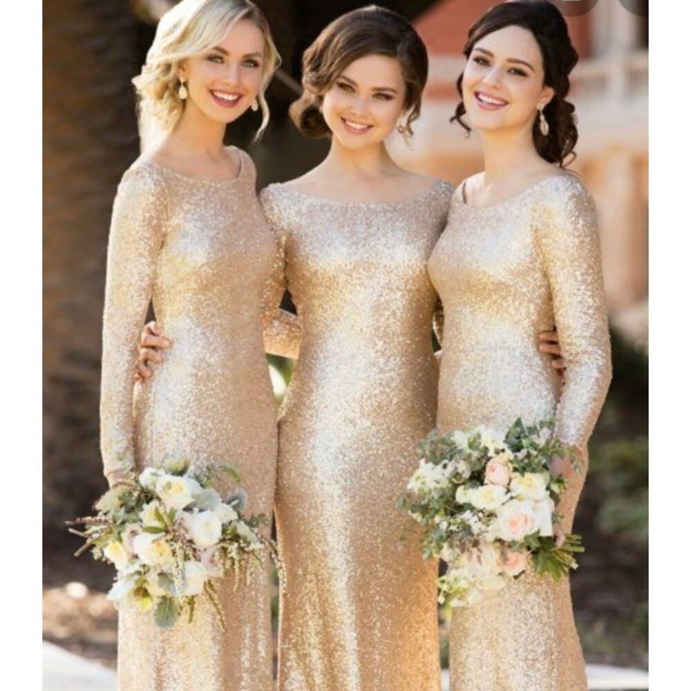Sorella Vita 8848 Bridesmaid Gown Sequin Long Sleeve Formal Maxi Dress Gold